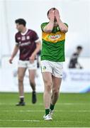 12 January 2024; Pearce Dolan of Leitrim reacts after a late second half goal for Galway scored by Rory Cunningham, not pictured, during the Connacht FBD League semi-final match between Leitrim and Galway at University of Galway Connacht GAA AirDome in Bekan, Mayo. Photo by Piaras Ó Mídheach/Sportsfile