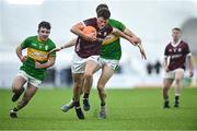 12 January 2024; Charlie Power of Galway in action against Jamie McGreal, left, and Paul Keaney of Leitrim during the Connacht FBD League semi-final match between Leitrim and Galway at University of Galway Connacht GAA AirDome in Bekan, Mayo. Photo by Piaras Ó Mídheach/Sportsfile