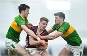 12 January 2024; Jack Kirrane of Galway in action against Barry McNulty, left, and Pearce Dolan of Leitrim during the Connacht FBD League semi-final match between Leitrim and Galway at University of Galway Connacht GAA AirDome in Bekan, Mayo. Photo by Piaras Ó Mídheach/Sportsfile