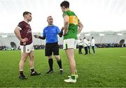 12 January 2024; Referee Paul Lydon with team captains Jack Kirrane of Galway and Mark Diffley of Leitrim before the Connacht FBD League semi-final match between Leitrim and Galway at University of Galway Connacht GAA AirDome in Bekan, Mayo. Photo by Piaras Ó Mídheach/Sportsfile