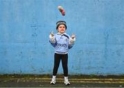 13 January 2024; Cali Leach, age 6, from Coolock, and her teddy Meerkat, attending her first Dublin match before the O'Byrne Cup semi-final match between Dublin and Wexford at Parnell Park in Dublin. Photo by Stephen Marken/Sportsfile