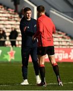 13 January 2024; Jack Crowley of Munster, left, and Dan Biggar of Toulon meet before the Investec Champions Cup Pool 3 Round 3 match between RC Toulon and Munster at Stade Felix Mayol in Toulon, France. Photo by Eóin Noonan/Sportsfile