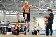 13 January 2024; Patrick Naughton of Nenagh Olympic AC, Tipperary, competes in the men's over 90 Long Jump during the 123.ie National Masters Indoor Championships at the TUS International arena in Athlone, Westmeath. Photo by Tyler Miller/Sportsfile