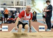 13 January 2024; Liam Lyster of Crusaders AC, Dublin, competes in the men's over 65 Long Jump during the 123.ie National Masters Indoor Championships at the TUS International arena in Athlone, Westmeath. Photo by Tyler Miller/Sportsfile