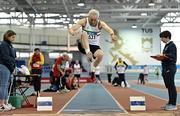 13 January 2024; James O'Hare of Limerick AC, Limerick, competes in the men's over 70 Long Jump during the 123.ie National Masters Indoor Championships at the TUS International arena in Athlone, Westmeath. Photo by Tyler Miller/Sportsfile