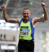 13 January 2024; Shane Healy of Metro/St Brigids AC, Dublin, celebrates after breaking the men's 800m over 55 world record with a time of 2:02.46 after competing in the men's over 55 800m during the 123.ie National Masters Indoor Championships at the TUS International arena in Athlone, Westmeath. Photo by Tyler Miller/Sportsfile