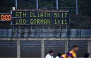 13 January 2024; A general view of the scoreboard after the O'Byrne Cup semi-final match between Dublin and Wexford at Parnell Park in Dublin. Photo by Stephen Marken/Sportsfile