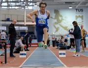 13 January 2024; John Wallace of Ratoath AC, Meath, competes in the men's over 55 Long Jump during the 123.ie National Masters Indoor Championships at the TUS International arena in Athlone, Westmeath. Photo by Tyler Miller/Sportsfile