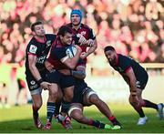 13 January 2024; Antoine Frisch of Munster is tackled by Dan Biggar of Toulon during the Investec Champions Cup Pool 3 Round 3 match between RC Toulon and Munster at Stade Felix Mayol in Toulon, France. Photo by Eóin Noonan/Sportsfile
