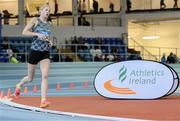 13 January 2024; Rachel Murphy of Plant Based AC, Dublin, competes in the women's over 40 3000m during the 123.ie National Masters Indoor Championships at the TUS International arena in Athlone, Westmeath. Photo by Tyler Miller/Sportsfile