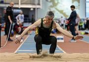13 January 2024; Richard Phelan of Huntingdonshire AC, St. Ives, UK, competes in the men's over 60 Triple Jump during the 123.ie National Masters Indoor Championships at the TUS International arena in Athlone, Westmeath. Photo by Tyler Miller/Sportsfile