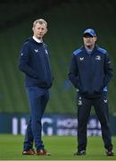 13 January 2024; Leinster head coach Leo Cullen, left, and Leinster senior coach Jacques Nienaber walk the pitch before the Investec Champions Cup Pool 4 Round 3 match between Leinster and Stade Francais at the Aviva Stadium in Dublin. Photo by Sam Barnes/Sportsfile