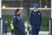 13 January 2024; Stade Francais head coach Laurent Labit, left, and Leinster head coach Leo Cullen in conversation before the Investec Champions Cup Pool 4 Round 3 match between Leinster and Stade Francais at the Aviva Stadium in Dublin. Photo by Sam Barnes/Sportsfile