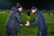 13 January 2024; Armagh manager Kieran McGeeney, left, and Derry manager Mickey Harte shake hands after the Bank of Ireland Dr McKenna Cup semi-final match between Armagh and Derry at BOX-IT Athletic Grounds in Armagh. Photo by Ben McShane/Sportsfile