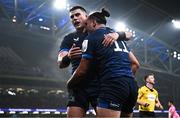 13 January 2024; James Lowe of Leinster, right, celebrates with teammate Dan Sheehan after scoring his side's first try  during the Investec Champions Cup Pool 4 Round 3 match between Leinster and Stade Francais at the Aviva Stadium in Dublin. Photo by Harry Murphy/Sportsfile