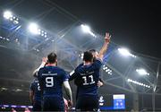 13 January 2024; James Lowe of Leinster, 11, celebrates with teammates after scoring his side's first try  during the Investec Champions Cup Pool 4 Round 3 match between Leinster and Stade Francais at the Aviva Stadium in Dublin. Photo by Harry Murphy/Sportsfile