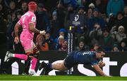 13 January 2024; James Lowe of Leinster scores his side's first try during the Investec Champions Cup Pool 4 Round 3 match between Leinster and Stade Francais at the Aviva Stadium in Dublin. Photo by Sam Barnes/Sportsfile