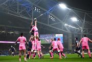 13 January 2024; Ryan Chapuis of Stade Francais wins possession in the lineout against Jason Jenkins of Leinster  during the Investec Champions Cup Pool 4 Round 3 match between Leinster and Stade Francais at the Aviva Stadium in Dublin. Photo by Harry Murphy/Sportsfile