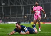 13 January 2024; James Lowe of Leinster dives over to score his side's first try during the Investec Champions Cup Pool 4 Round 3 match between Leinster and Stade Francais at the Aviva Stadium in Dublin. Photo by Harry Murphy/Sportsfile