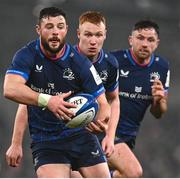 13 January 2024; Leinster players, from left, Robbie Henshaw, Ciarán Frawley and Hugo Keenan during the Investec Champions Cup Pool 4 Round 3 match between Leinster and Stade Francais at the Aviva Stadium in Dublin. Photo by Harry Murphy/Sportsfile