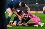 13 January 2024; Dan Sheehan of Leinster celebrates after scoring his side's third try during the Investec Champions Cup Pool 4 Round 3 match between Leinster and Stade Francais at the Aviva Stadium in Dublin. Photo by Sam Barnes/Sportsfile