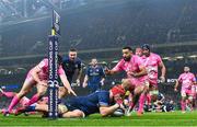 13 January 2024; Josh van der Flier of Leinster scores his side's second try during the Investec Champions Cup Pool 4 Round 3 match between Leinster and Stade Francais at the Aviva Stadium in Dublin. Photo by Sam Barnes/Sportsfile