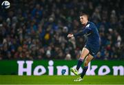 13 January 2024; Sam Prendergast of Leinster kicks a conversion during the Investec Champions Cup Pool 4 Round 3 match between Leinster and Stade Francais at the Aviva Stadium in Dublin. Photo by Seb Daly/Sportsfile