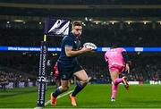 13 January 2024; Jordan Larmour of Leinster on his way to scoring his side's fourth try during the Investec Champions Cup Pool 4 Round 3 match between Leinster and Stade Francais at the Aviva Stadium in Dublin. Photo by Harry Murphy/Sportsfile