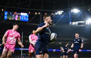 13 January 2024; Jordan Larmour of Leinster celebrates after scoring his side's fourth try during the Investec Champions Cup Pool 4 Round 3 match between Leinster and Stade Francais at the Aviva Stadium in Dublin. Photo by Harry Murphy/Sportsfile