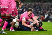 13 January 2024; Caelan Doris of Leinster dives over to score his side's fifth try during the Investec Champions Cup Pool 4 Round 3 match between Leinster and Stade Francais at the Aviva Stadium in Dublin. Photo by Harry Murphy/Sportsfile