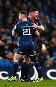 13 January 2024; Luke McGrath of Leinster is embraced by teammate Tadhg Furlong as he makes his 200th Leinster appearance during the Investec Champions Cup Pool 4 Round 3 match between Leinster and Stade Francais at the Aviva Stadium in Dublin. Photo by Harry Murphy/Sportsfile