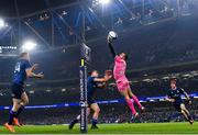 13 January 2024; Kylan Hamdaoui of Stade Francais fails to intercept a pass to Jordan Larmour of Leinster on his way to scoring his side's fourth try during the Investec Champions Cup Pool 4 Round 3 match between Leinster and Stade Francais at the Aviva Stadium in Dublin. Photo by Harry Murphy/Sportsfile