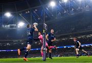 13 January 2024; Jordan Larmour of Leinster catches a pass on his way to scoring his side's fourth try during the Investec Champions Cup Pool 4 Round 3 match between Leinster and Stade Francais at the Aviva Stadium in Dublin. Photo by Harry Murphy/Sportsfile