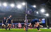 13 January 2024; Jordan Larmour of Leinster scores his side's fourth try as teammate James Lowe celebrates during the Investec Champions Cup Pool 4 Round 3 match between Leinster and Stade Francais at the Aviva Stadium in Dublin. Photo by Harry Murphy/Sportsfile