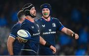 13 January 2024; Caelan Doris of Leinster, left, after scoring his side's sixth try during the Investec Champions Cup Pool 4 Round 3 match between Leinster and Stade Francais at the Aviva Stadium in Dublin. Photo by Seb Daly/Sportsfile