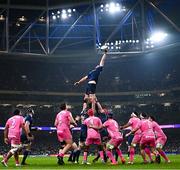 13 January 2024; Ryan Baird of Leinster takes possession in a lineout during the Investec Champions Cup Pool 4 Round 3 match between Leinster and Stade Francais at the Aviva Stadium in Dublin. Photo by Harry Murphy/Sportsfile