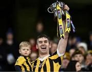 13 January 2024; Pat Hartley of Tullogher Rosbercon lifts cup alongside his son JP after their side's victory in the AIB GAA Hurling All-Ireland Junior Club Championship final match between St Catherine's of Cork and Tullogher Rosbercon of Kilkenny at Croke Park in Dublin. Photo by Piaras Ó Mídheach/Sportsfile