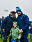 13 January 2024; Mark Cerasi and his son Joe, aged 6, from Brisbane, Australia, with Dublin manager Dessie Farrell after the O'Byrne Cup semi-final match between Dublin and Wexford at Parnell Park in Dublin. Photo by Stephen Marken/Sportsfile