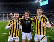 13 January 2024; Tullogher Rosbercon players, from left, Brian Walsh, Davy Walsh and Walter Walsh celebrate after their side's victory in the AIB GAA Hurling All-Ireland Junior Club Championship final match between St Catherine's of Cork and Tullogher Rosbercon of Kilkenny at Croke Park in Dublin. Photo by Piaras Ó Mídheach/Sportsfile
