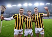 13 January 2024; Tullogher Rosbercon players, from left, Donncha O'Connor, Jason Shiely and Walter Walsh celebrate after their side's victory in the AIB GAA Hurling All-Ireland Junior Club Championship final match between St Catherine's of Cork and Tullogher Rosbercon of Kilkenny at Croke Park in Dublin. Photo by Piaras Ó Mídheach/Sportsfile