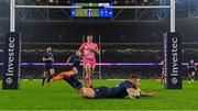 13 January 2024; Jordan Larmour of Leinster scores his side's seventh try during the Investec Champions Cup Pool 4 Round 3 match between Leinster and Stade Francais at the Aviva Stadium in Dublin. Photo by Seb Daly/Sportsfile