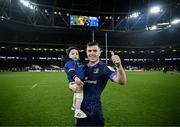 13 January 2024; Luke McGrath of Leinster with his son Bobby after making his 200th Leinster appearance in the Investec Champions Cup Pool 4 Round 3 match between Leinster and Stade Francais at the Aviva Stadium in Dublin. Photo by Harry Murphy/Sportsfile
