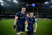 13 January 2024; Luke McGrath of Leinster with his son Bobby and teammate James Ryan after making his 200th Leinster appearance in the Investec Champions Cup Pool 4 Round 3 match between Leinster and Stade Francais at the Aviva Stadium in Dublin. Photo by Harry Murphy/Sportsfile