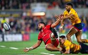 13 January 2024; Emmanuel Meafou of Toulouse is tackled by James Hume of Ulster during the Investec Champions Cup Pool 2 Round 3 match between Ulster and Toulouse at Kingspan Stadium in Belfast. Photo by Ramsey Cardy/Sportsfile