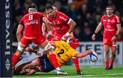 13 January 2024; Tom Stewart of Ulster dives over to score his side's first try during the Investec Champions Cup Pool 2 Round 3 match between Ulster and Toulouse at Kingspan Stadium in Belfast. Photo by Ramsey Cardy/Sportsfile