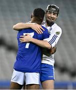 13 January 2024; Thomastown players Diarmuid Galway, right, and Zach Bay Hammond celebrate after their side's victory in the AIB GAA Hurling All-Ireland Intermediate Club Championship final match between Castlelyons of Cork and Thomastown of Kilkenny at Croke Park in Dublin. Photo by Piaras Ó Mídheach/Sportsfile
