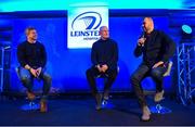 13 January 2024; A Q&A with former Leinster player Denis Hickie, centre, former Leinster head coach Michael Cheika, right, and MC Andy Dunne before the Investec Champions Cup Pool 4 Round 3 match between Leinster and Stade Francais at the Aviva Stadium in Dublin. Photo by Seb Daly/Sportsfile
