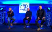 13 January 2024; A Q&A with former Leinster player Denis Hickie, centre, former Leinster head coach Michael Cheika, right, and MC Andy Dunne before the Investec Champions Cup Pool 4 Round 3 match between Leinster and Stade Francais at the Aviva Stadium in Dublin. Photo by Seb Daly/Sportsfile