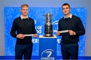 13 January 2024; Leinster players Jamie Osborne, left, and Brian Deeny during the Bank of Ireland Provincial Towns Cup Draw before the Investec Champions Cup Pool 4 Round 3 match between Leinster and Stade Francais at the Aviva Stadium in Dublin. Photo by Seb Daly/Sportsfile