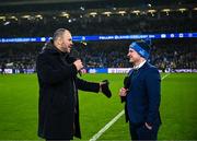 13 January 2024; Former Leinster head coach Michael Cheika is interviewed by Leinster senior communications & media manager Marcus Ó Buachalla at half-time in the Investec Champions Cup Pool 4 Round 3 match between Leinster and Stade Francais at the Aviva Stadium in Dublin. Photo by Harry Murphy/Sportsfile